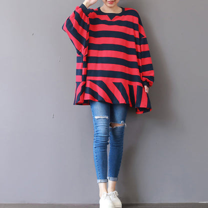 boutique red striped natural cotton t shirt plus size cotton clothing blouses fine patchwork o neck cotton t shirt