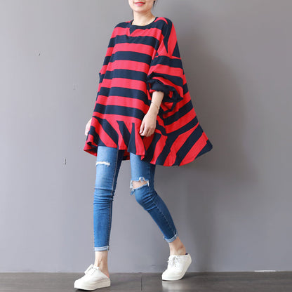 boutique red striped natural cotton t shirt plus size cotton clothing blouses fine patchwork o neck cotton t shirt