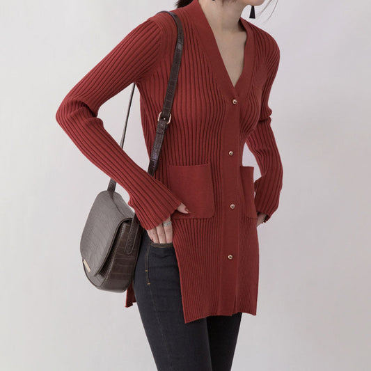 Boutique rote Pullover Oversize V-Ausschnitt Taschen Pullover feine Seite offen Winterpullover