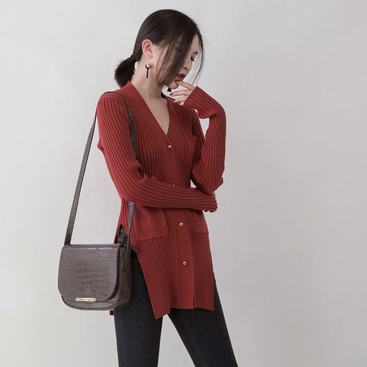 Boutique rote Pullover Oversize V-Ausschnitt Taschen Pullover feine Seite offen Winterpullover