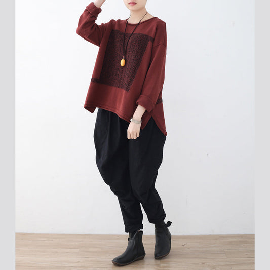 Boutique roter Winterpullover Oversize Patchwork Strickblusen Vintage O-Ausschnitt Top