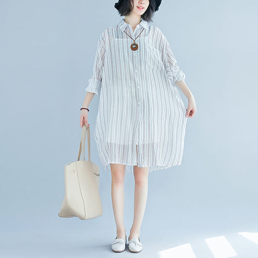 Boutique gestreiftes Baumwollkleid übergroßes Vintage Langarm-Baumwollkleid mit Umlegekragen