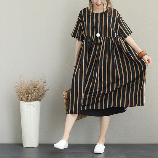 Boutique gestreiftes Seidenleinenkleid Plus Size Leinenbaumwollkleid Vintage O-Ausschnitt Kurzarmkleidung