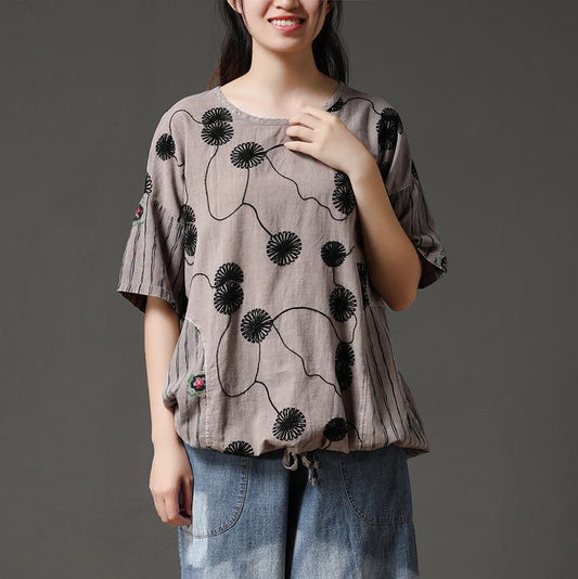 Boutique sommer baumwolle tops plus größe Baumwolle Stickerei Blume Beige Casual Frauen