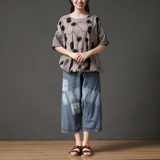 Boutique sommer baumwolle tops plus größe Baumwolle Stickerei Blume Beige Casual Frauen