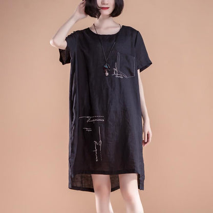 Boutique Sommerkleider Locker sitzendes High-Low-Saum Sommer Kurzarm Taschen Schlitz Schwarzes Kleid