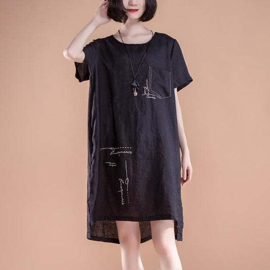 Boutique Sommerkleider Locker sitzendes High-Low-Saum Sommer Kurzarm Taschen Schlitz Schwarzes Kleid
