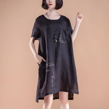 Boutique Sommerkleider Locker sitzendes High-Low-Saum Sommer Kurzarm Taschen Schlitz Schwarzes Kleid