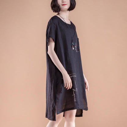 Boutique Sommerkleider Locker sitzendes High-Low-Saum Sommer Kurzarm Taschen Schlitz Schwarzes Kleid