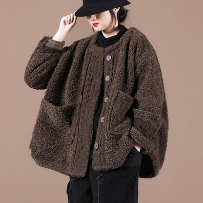 boutique trendy spring coats chocolate o neck patchwork fuzzy wool coat for woman - SooLinen