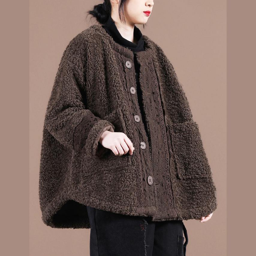 boutique trendy spring coats chocolate o neck patchwork fuzzy wool coat for woman - SooLinen