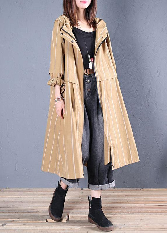 boutique women casual Coats fall khaki striped hooded zippered overcoat - SooLinen