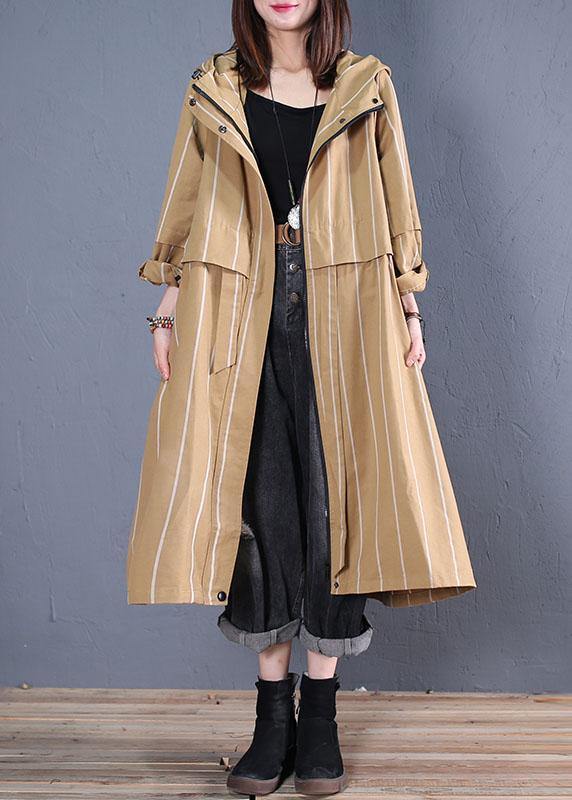 boutique women casual Coats fall khaki striped hooded zippered overcoat - SooLinen