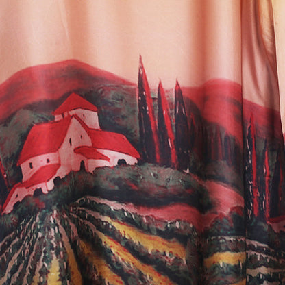 Boutique gelbes langes Seidenchiffonkleid übergroße Drucke Reisekleidung Feine O-Ausschnitt-Kaftane