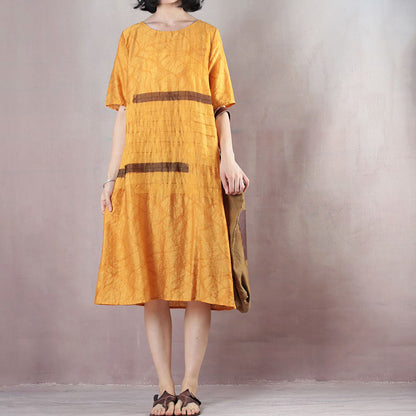 Boutique gelbe Kleider aus reinem Leinen übergroßes Leinenkleid lässiges kurzärmliges Jacquard-Leinenkleid mit O-Ausschnitt