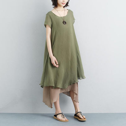 kurzes Baumwollkleid in Übergröße Falsches zweiteiliges Kurzarm-Kleid in Grün