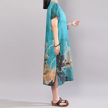 kurzes Kleid aus Leinen und Baumwolle. Locker sitzendes, kurzärmliges, langes Sommerkleid im Retro-Stil mit Blumenmuster