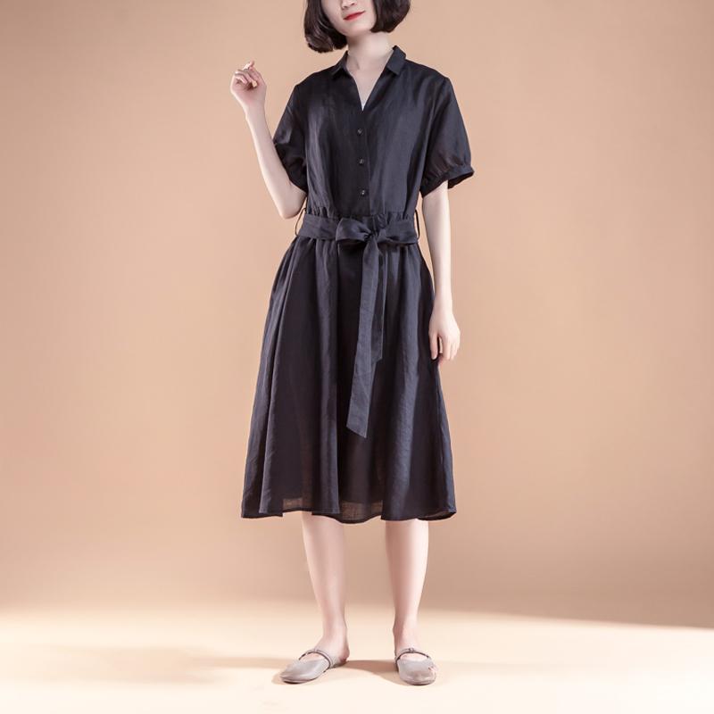 Kurzes Etuikleid aus Leinen Locker sitzendes Kurzarm-Plissee-Gürtel Sommer Casual Black Dress