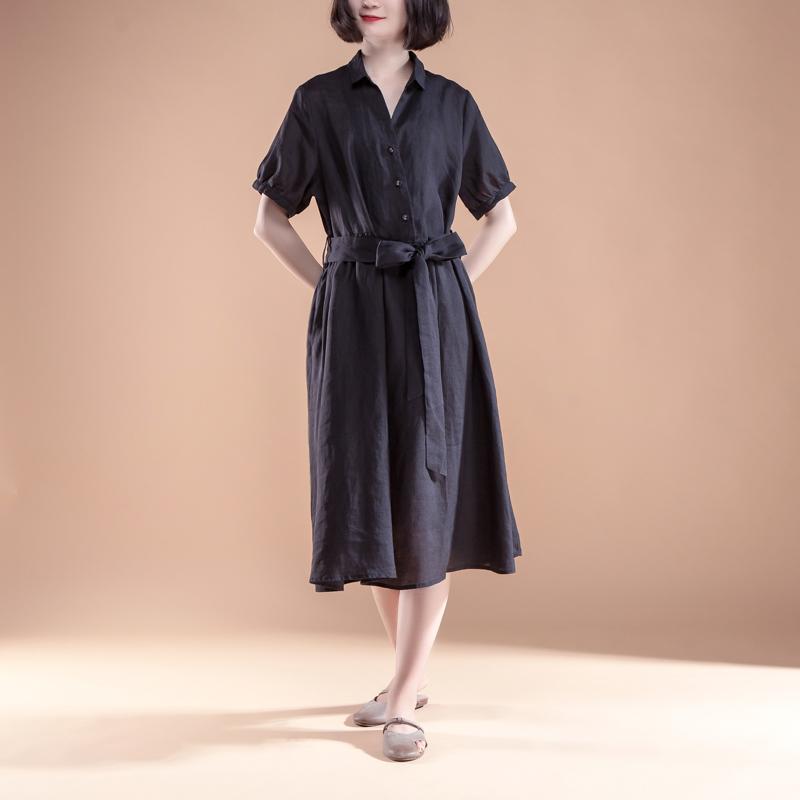Kurzes Etuikleid aus Leinen Locker sitzendes Kurzarm-Plissee-Gürtel Sommer Casual Black Dress