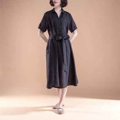 Kurzes Etuikleid aus Leinen Locker sitzendes Kurzarm-Plissee-Gürtel Sommer Casual Black Dress