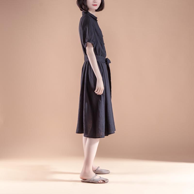 Kurzes Etuikleid aus Leinen Locker sitzendes Kurzarm-Plissee-Gürtel Sommer Casual Black Dress