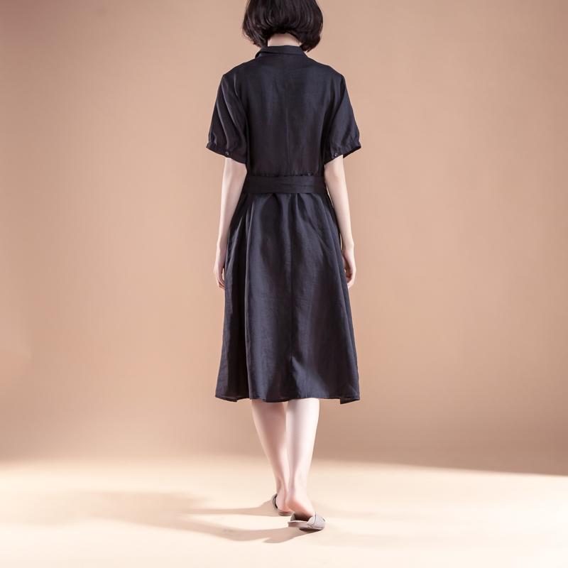 Kurzes Etuikleid aus Leinen Locker sitzendes Kurzarm-Plissee-Gürtel Sommer Casual Black Dress