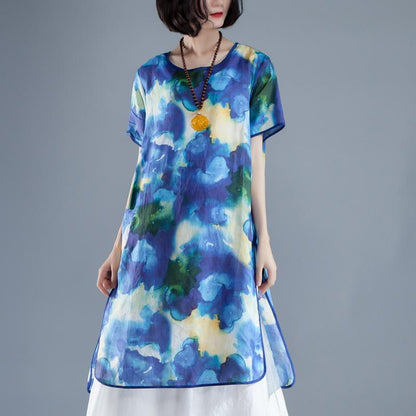 kurzes Leinen-Sommerkleid, trendiges Plus-Size-Kurzarm-Schlitz-Sommerkleid mit lässigem Print