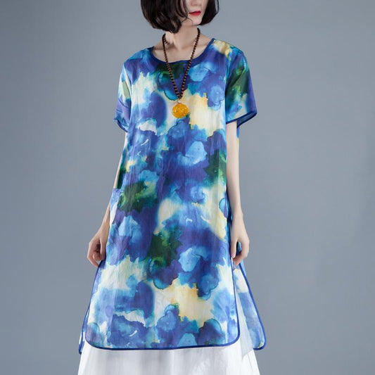 kurzes Leinen-Sommerkleid, trendiges Plus-Size-Kurzarm-Schlitz-Sommerkleid mit lässigem Print