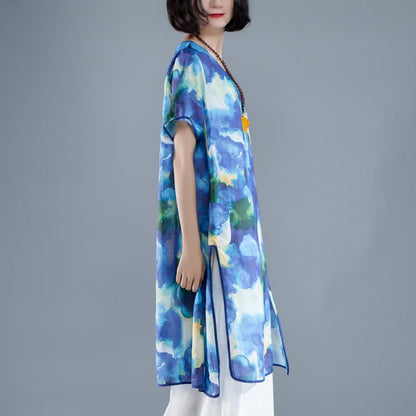 kurzes Leinen-Sommerkleid, trendiges Plus-Size-Kurzarm-Schlitz-Sommerkleid mit lässigem Print