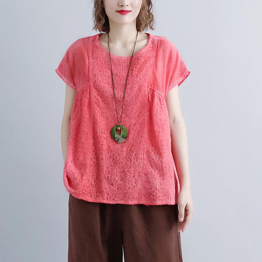 Kurze Leinenoberteile in Übergröße, lässige Sommerbluse mit kurzen Ärmeln und U-Boot-Ausschnitt in Rosa