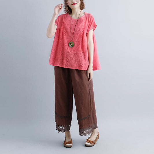 Kurze Leinenoberteile in Übergröße, lässige Sommerbluse mit kurzen Ärmeln und U-Boot-Ausschnitt in Rosa