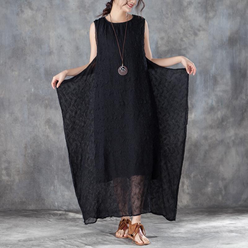 brief long cotton dresses oversized Round Neck Sleeveless Summer Black Long Dress