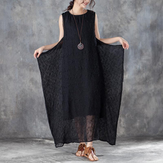 brief long cotton dresses oversized Round Neck Sleeveless Summer Black Long Dress