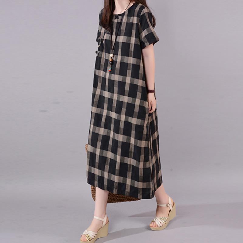 brief long cotton dresses plus size Lattice Round Neck Short Sleeve Black Cotton Dress