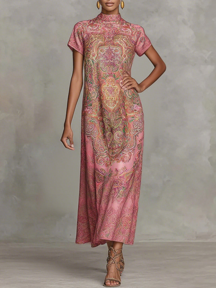 Contrast Floral Mock Neck Loose Maxi Dress