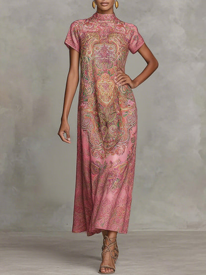Contrast Floral Mock Neck Loose Maxi Dress