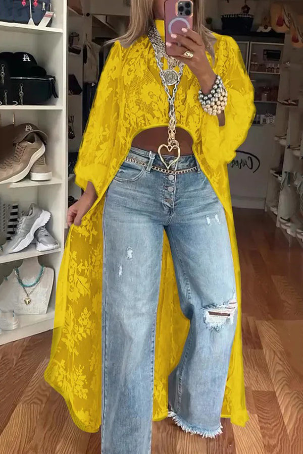 Lace Pattern Mock Neck Balloon Sleeve High Low Maxi Top