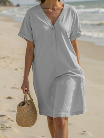 Casual V-Neck Cotton Midi Dress