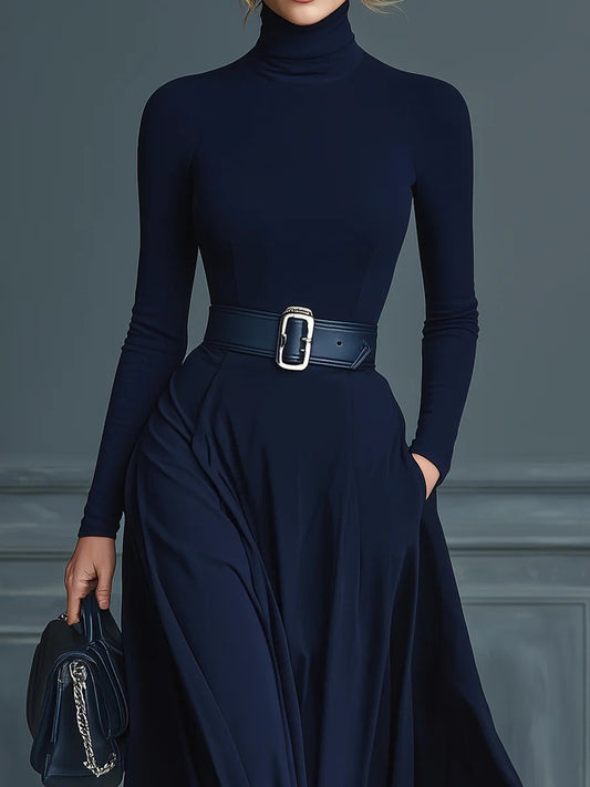 Dark Blue Knitted High-neck Dress