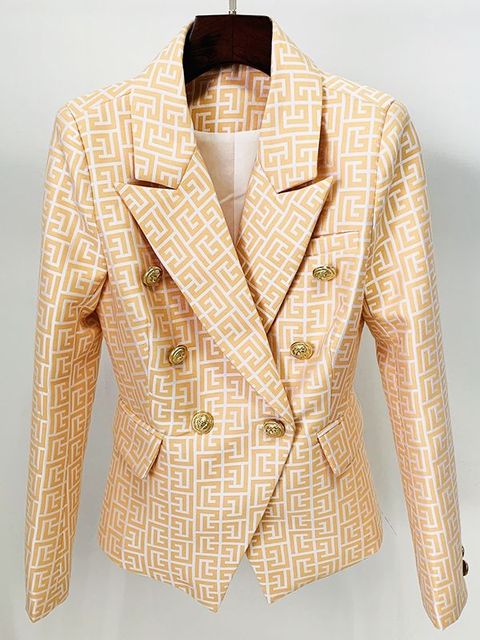Double-breasted gold-buttoned fashion blazer with multiple herringbone patterns