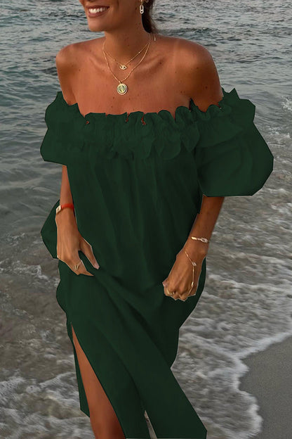 Off-Shoulder Ruffle Puff Sleeve Midi Dress