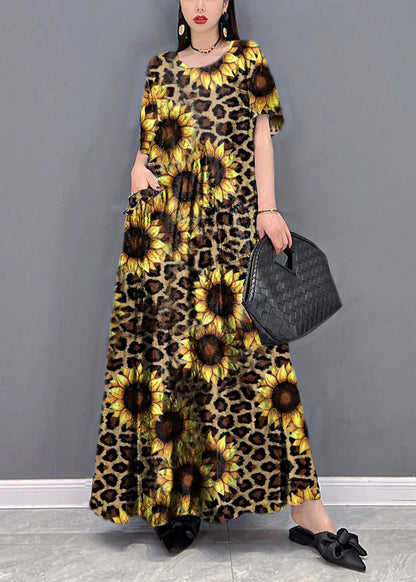 Schöne Gelbe leopard print O-Ausschnitt Print Taschen Lange Kleider Kurzarm