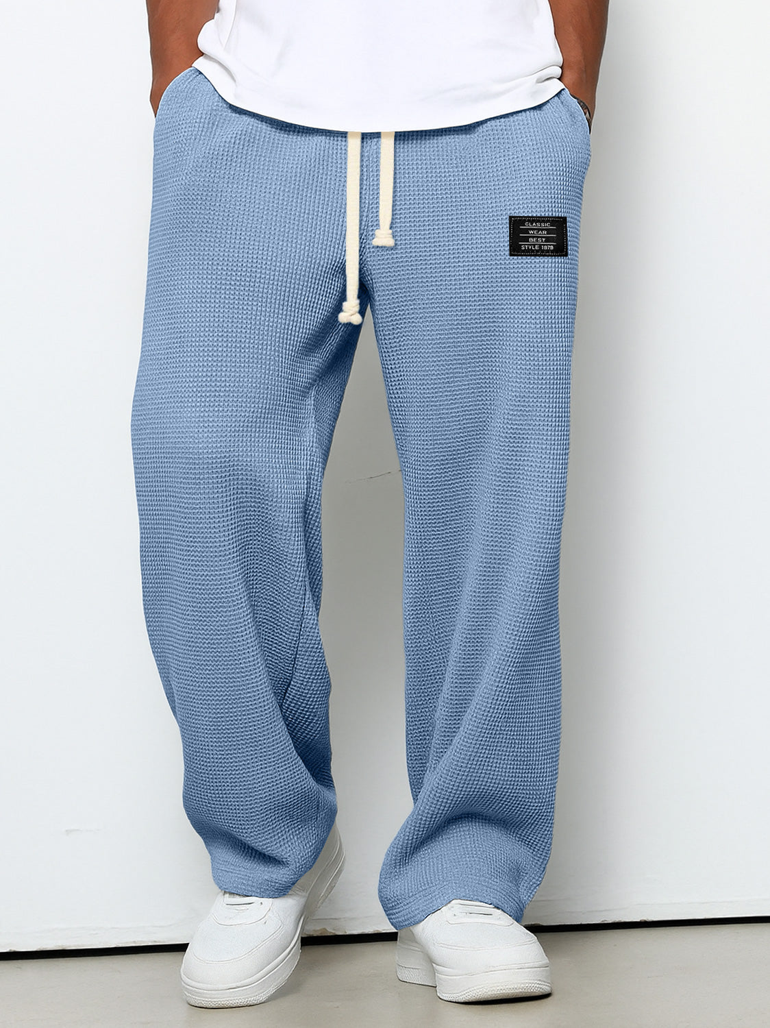 Men's Casual Waffle Embroidered Logo Simple Solid Color Trousers