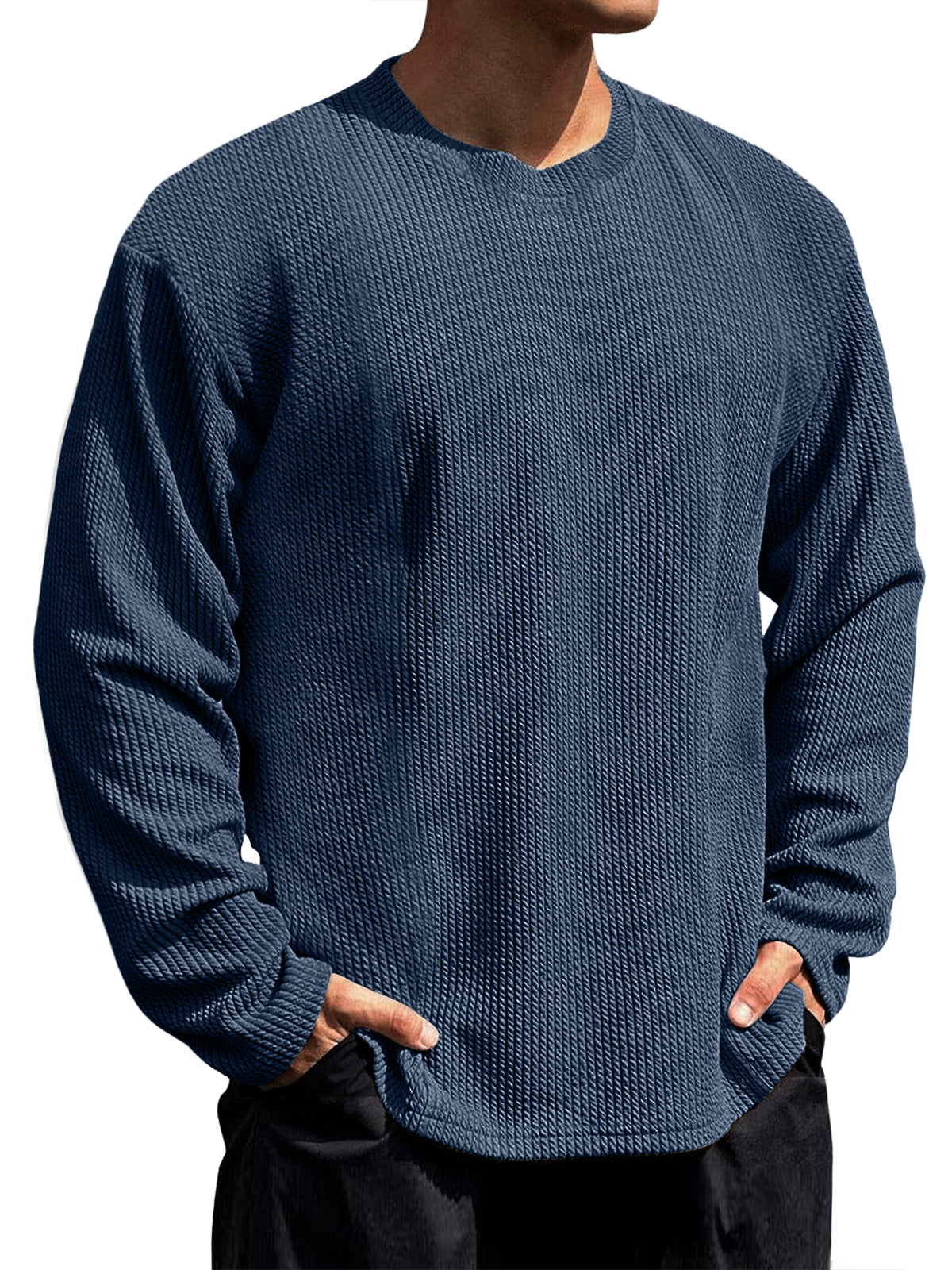 Men's Casual Round Neck Vertical Stripe Solid Color Long-sleeved T-shirt