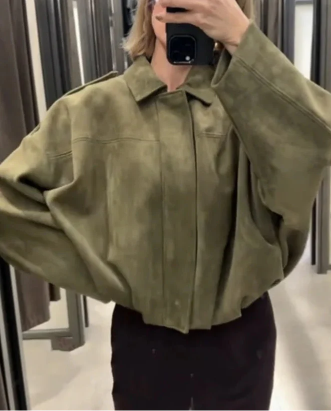 Olive Green Suede Oversized Lapel Casual Jacket