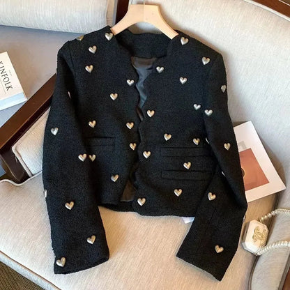 Black-based silver-heart chunky knit Chanel-style cropped jacket