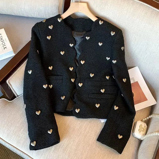 Black-based silver-heart chunky knit Chanel-style cropped jacket