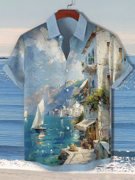 Men's Ocean Boat Oil Painting Art Print Vacation Shirt