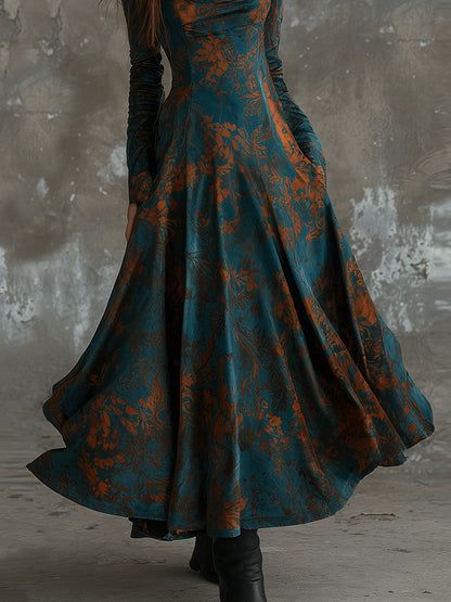 Retro Suede Printed Swag Collar A Line Maxi Dress