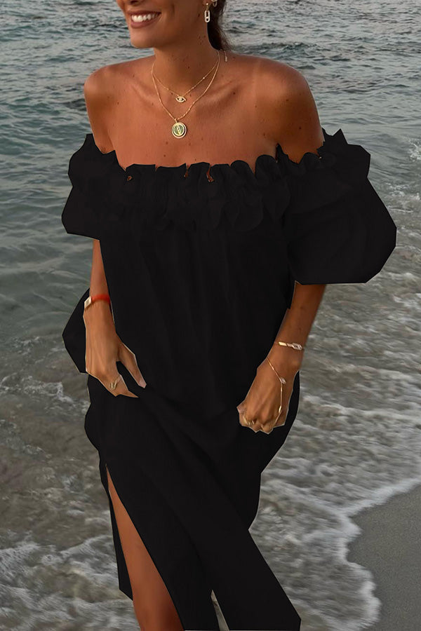 Off-Shoulder Ruffle Puff Sleeve Midi Dress